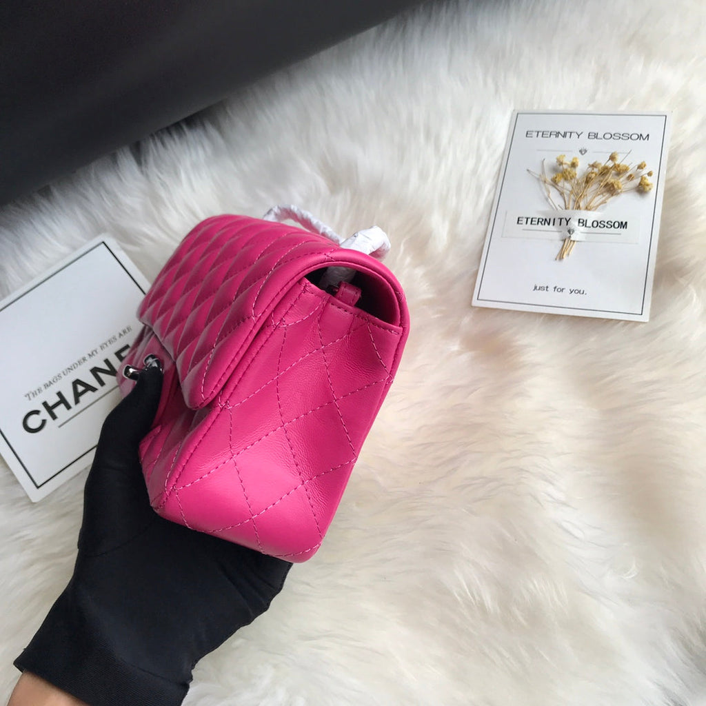 CHANEL 20 CLASSIC SMALL DOUBLE FLAP BAG IN DEEP PINK CALFSKIN