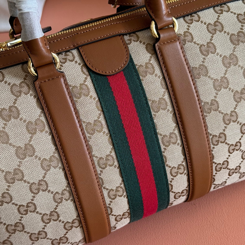 GUCCI 26S OPHIDIA MEDIUM BOSTON BAG 30 IN WARM BEIGE AND BROWN CANVAS