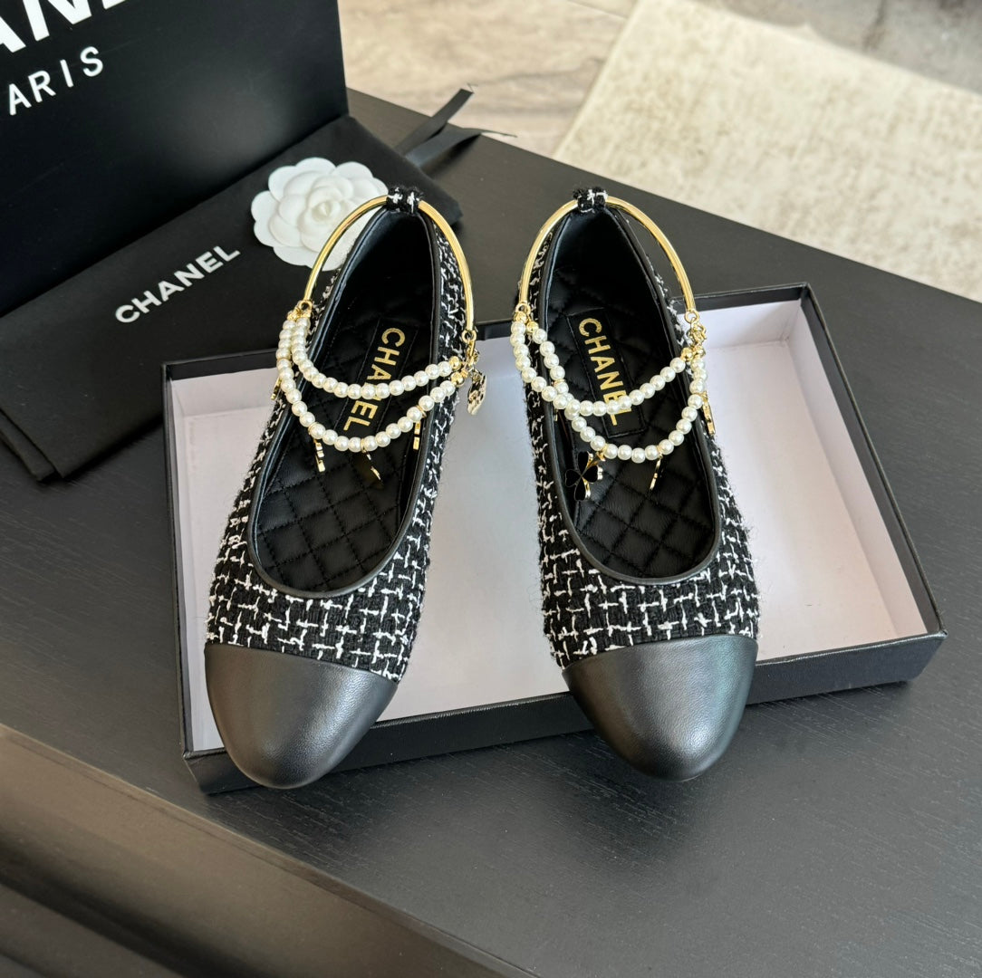 CHANEL Double Strap Chunky Heel Mary Jane Shoes Black/White Caro