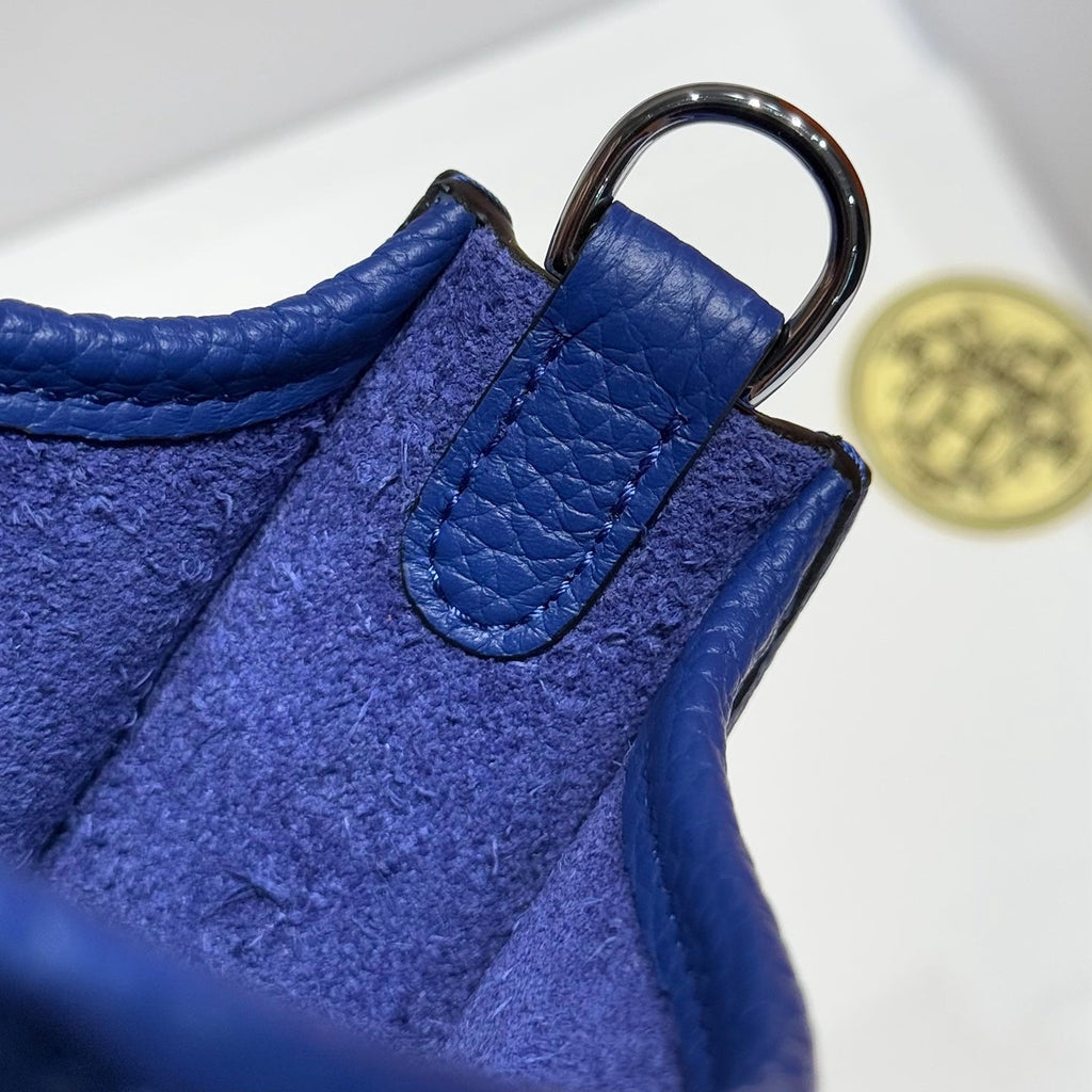 HERMES 25S MINI EVELYNE 18 IN BLUE PATTERNED STRAP CALFSKIN SILVER HARDWARE