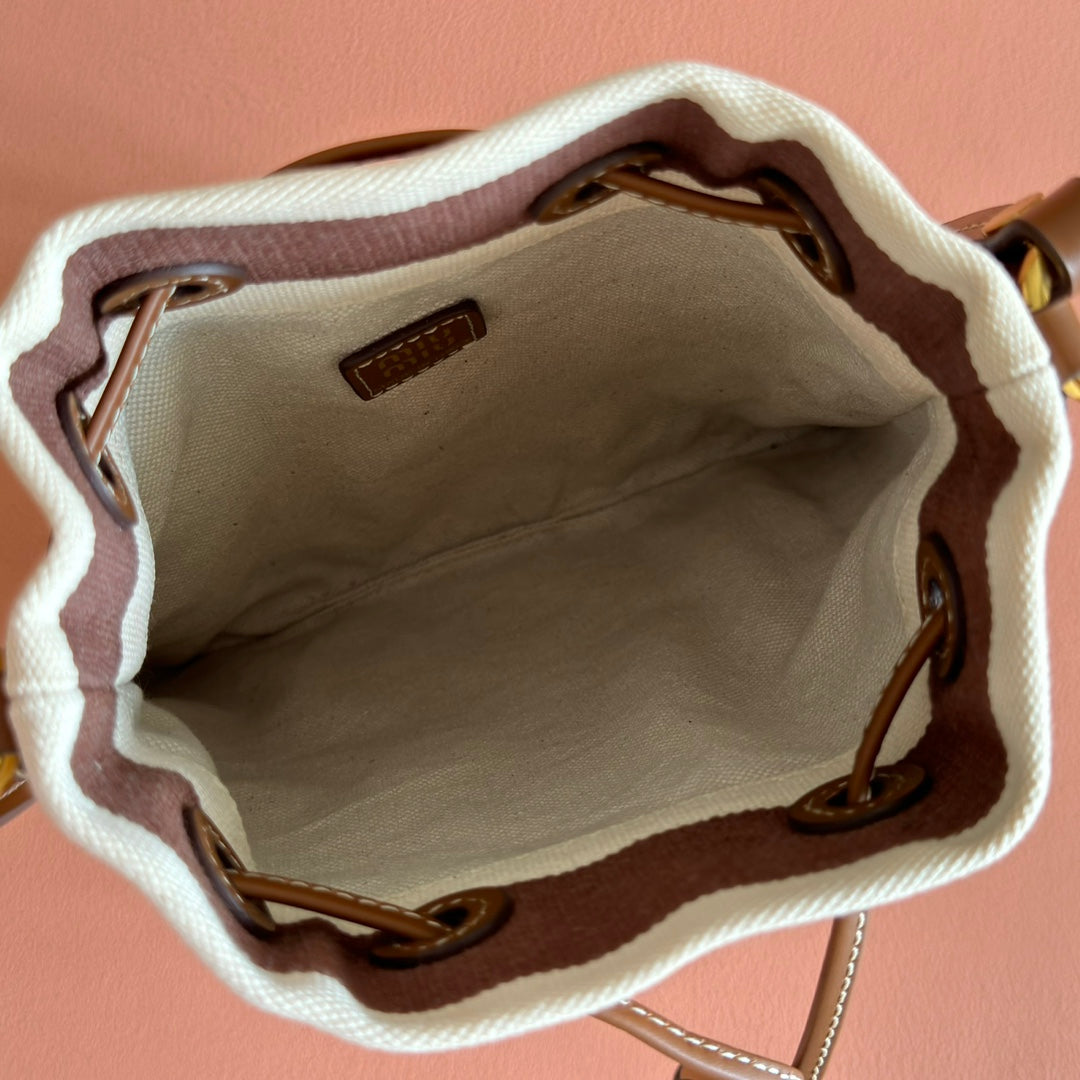 MIUMIU 26S BUCKET BAG 23 IN CREAM AND BROWN CANVAS GOLD HARDWARE