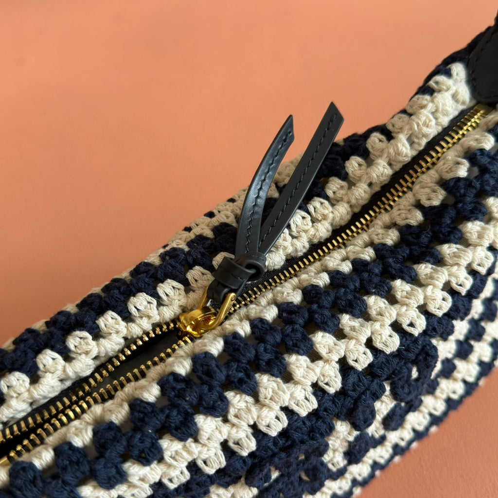MIUMIU 26S POUCH BAG 25 IN CREAM AND NAVY WOOL WITH CALFSKIN HANDLE
