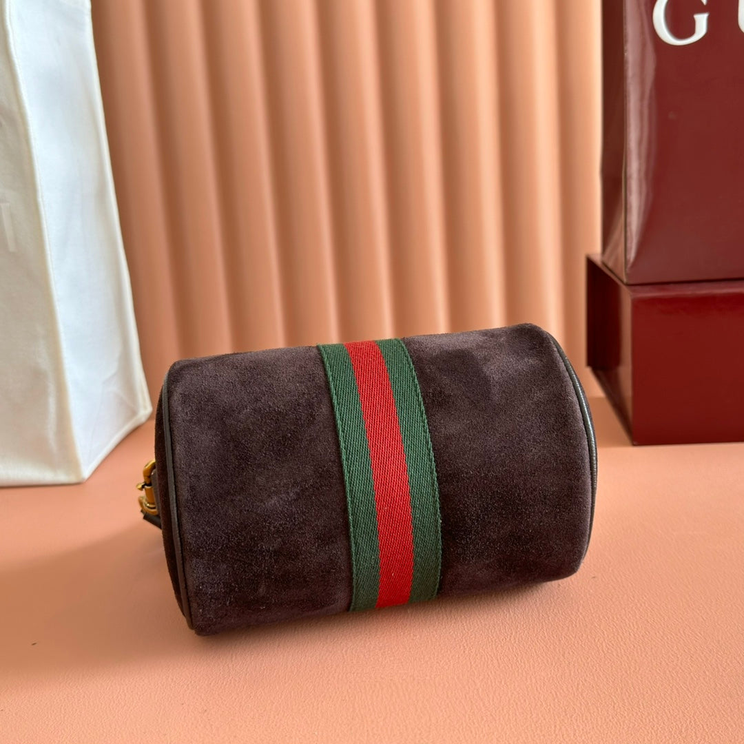 GUCCI 25S OPHIDIA MINI SHOULDER BAG 19 CM IN DARK CHOCOLATE BROWN SUEDE