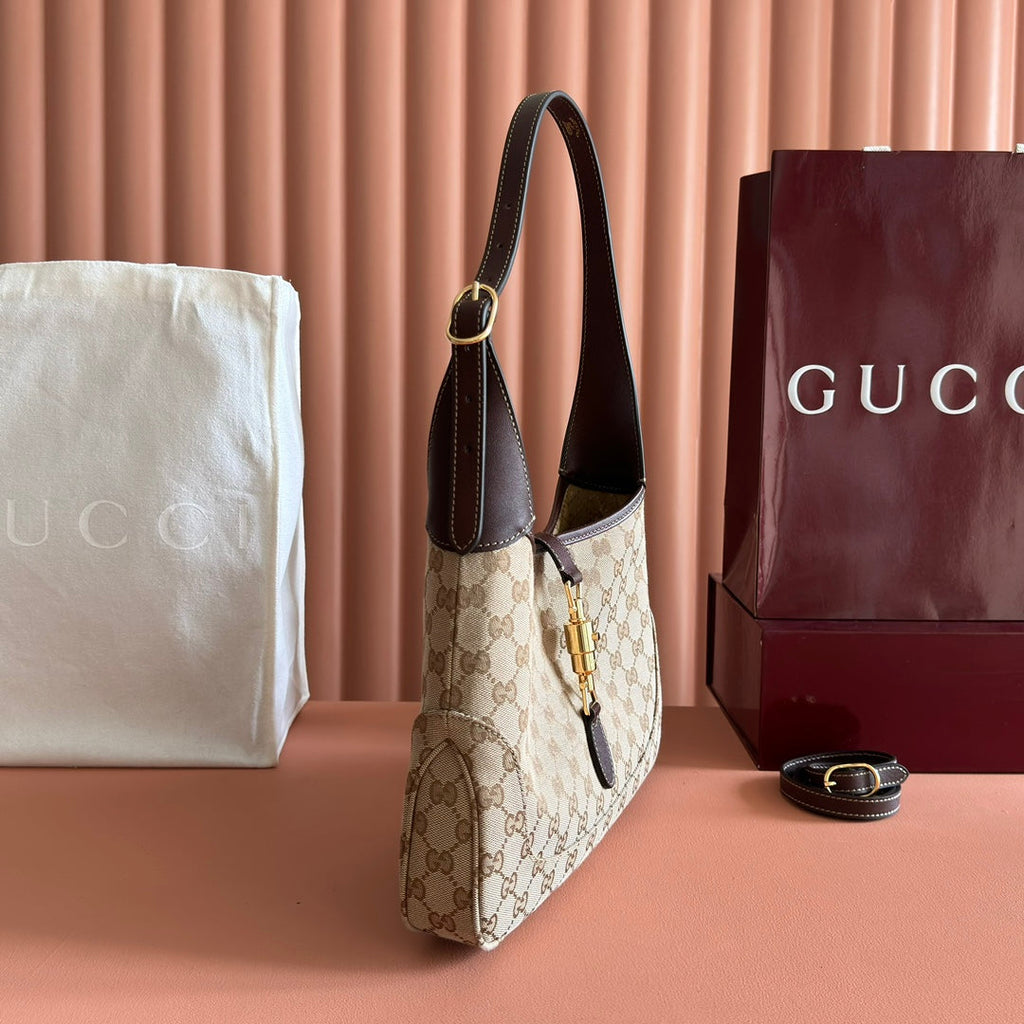 GUCCI 25S JACKIE MONOGRAM 28 CM IN LIGHT BROWN CANVAS AND CALFSKIN