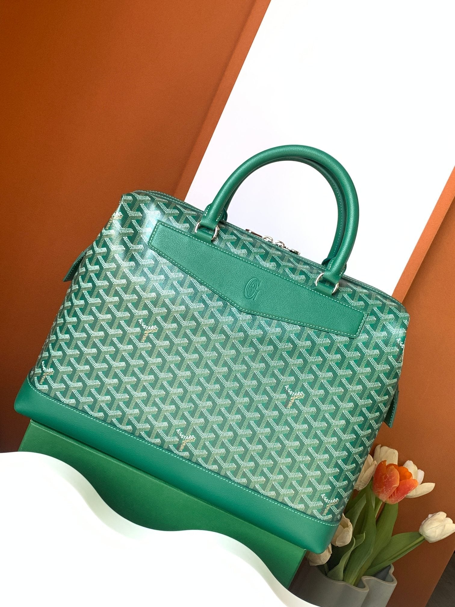 CISALPIN DOCUMENT CASE 39 IN GREEN GOYARDINE CANVAS AND CALFSKIN