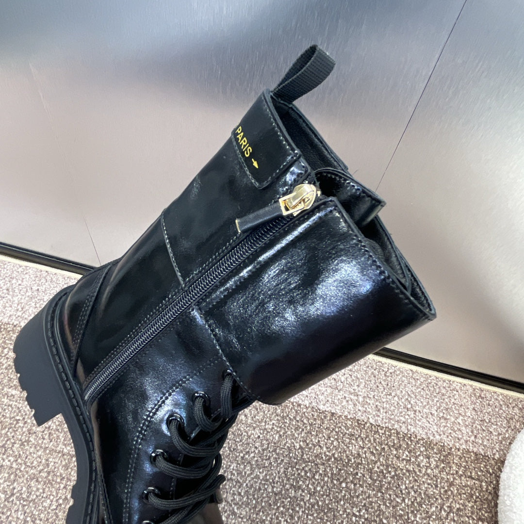DIOR 25S D-STRIKE LACE-UP PUNK BOOTS 30MM IN BLACK CALFSKIN